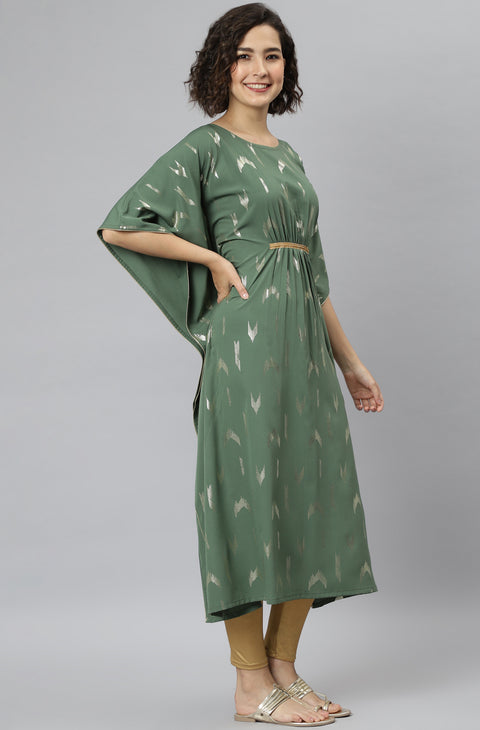 Women Green Printed Flared Sleeves Thread Work Crepe Kurta (JNE3784-KR)