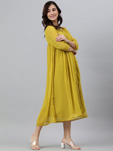 Mustard Yellow Dobby waves poly chiffon Dress (JNE3800-DR)