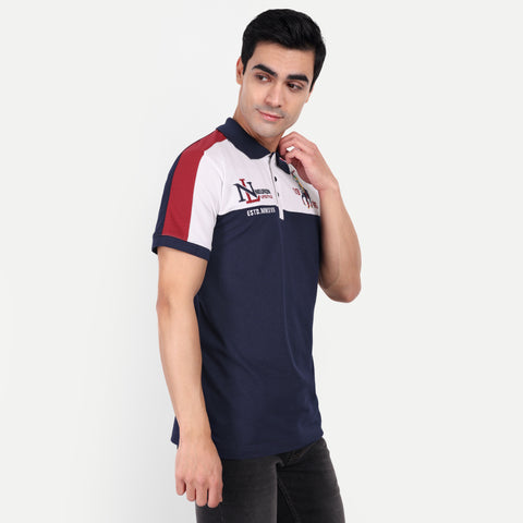 Men Navy Red & White Color Blocked Polo Collar T-Shirt