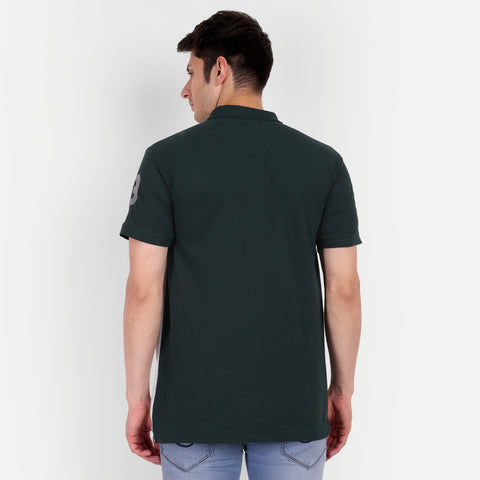 Men Bottle Green & Grey Color Blocked Polo Collar T-Shirt