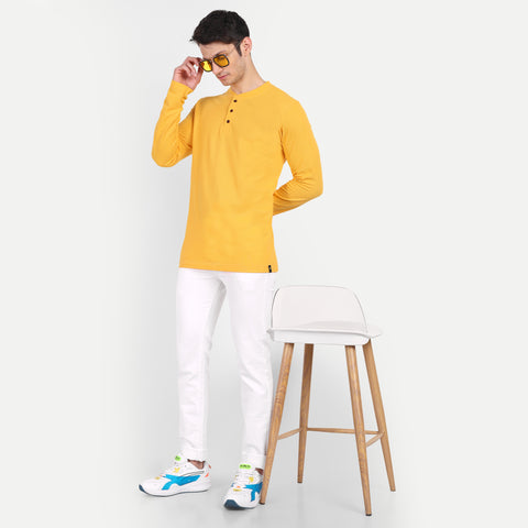 Men’s Yellow Henley Collar T-shirt.