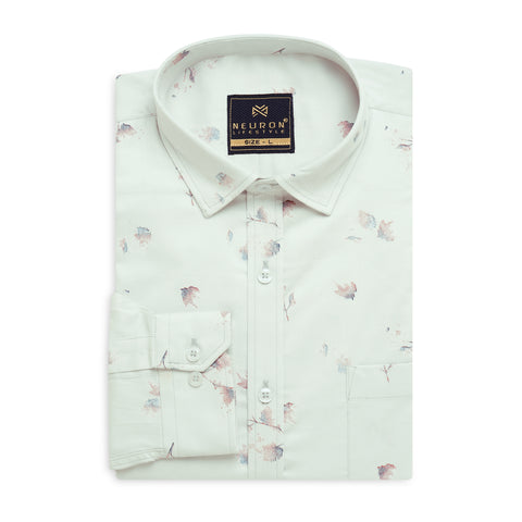 Men Off White Floral Printed Full Sleeves Shirt