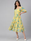 Women Yellow Georgette Floral Print Flared Western Dress (J0433-DR)