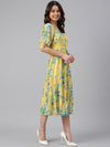 Women Yellow Georgette Floral Print Flared Western Dress (J0433-DR)
