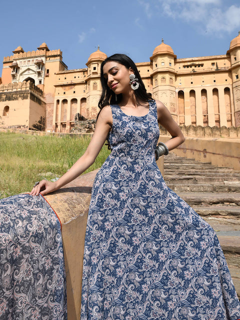 Women Blue Georgette Floral Print Kurta with Flared Palazzo and Dupatta (J0448-KR-PP)