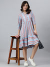Women Blue Cotton Blend Striped Flared Dress (JNE3881-DR)