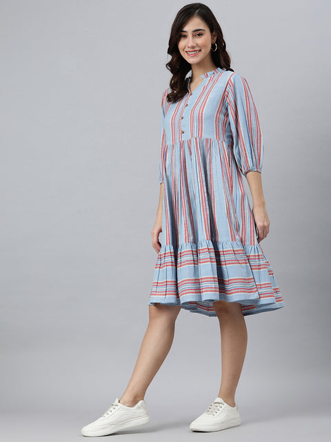 Women Blue Cotton Blend Striped Flared Dress (JNE3881-DR)