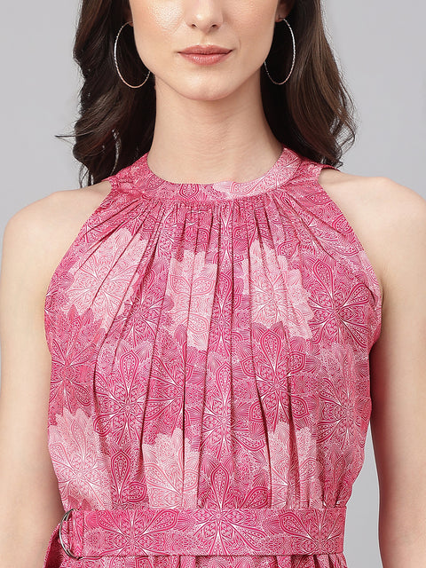 Women's Pink Crepe Digital Print Tiered Western Dress (JNE4071-DR)