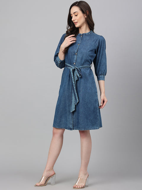 Women's Blue Denim Solid Straight Western Dress (JNE4082)