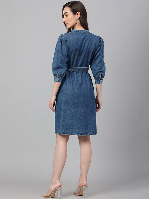 Women's Blue Denim Solid Straight Western Dress (JNE4082)