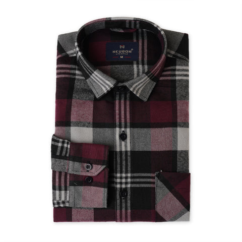 Men Burgundy and Grey Checked Flannel Shirt
