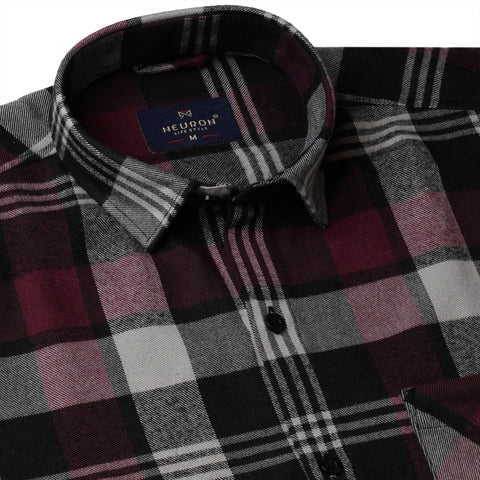 Men Burgundy and Grey Checked Flannel Shirt