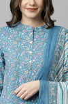 Women Blue Cotton Floral Print Kurta with Pant and Dupatta (Set393)