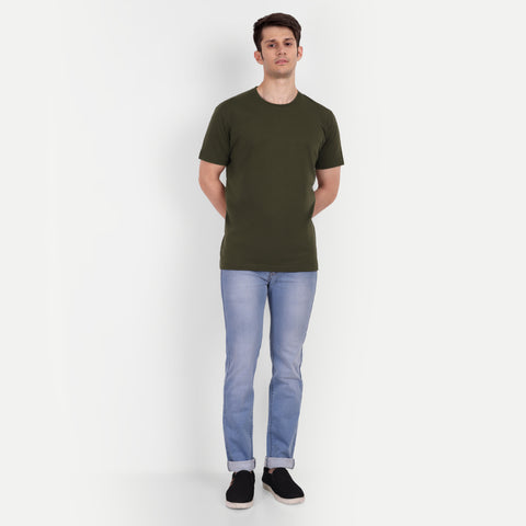 Men Olive Green Plain T-shirt