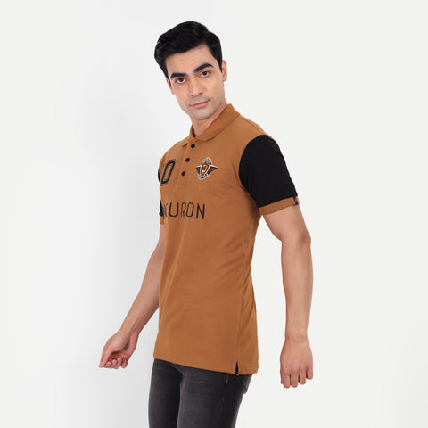 Men Brown And Black Color Blocked Polo Collar T-shirt