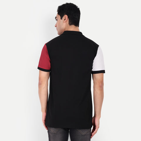 Men Black, White & Red Color Blocked Polo Collar T-Shirt