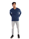 Men's Denim Blue Solid Henley Collar T-shirt.